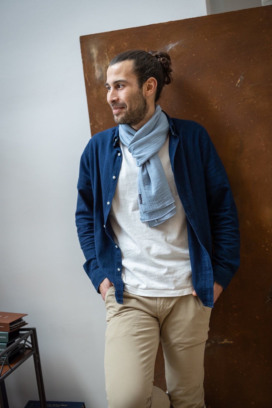 Chèche en coton bleu clair