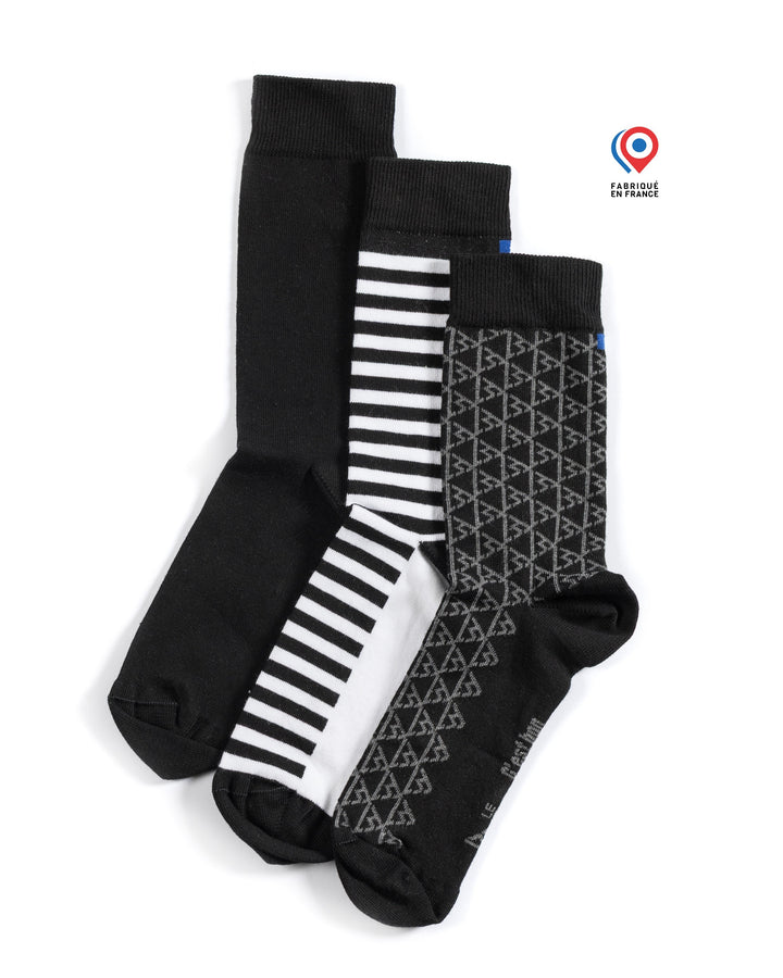 Pack de 3 paires de chaussettes (noires, rayées noir & blanc, motif logo LBJ)