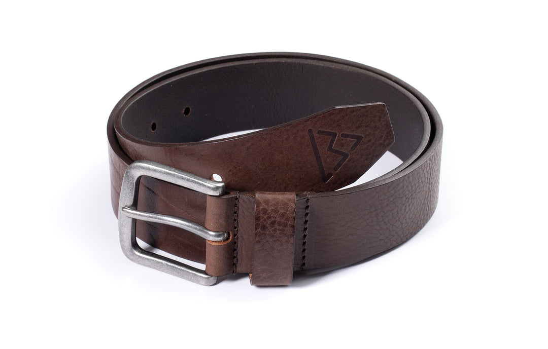 Le Beau Jean - Ceinture en cuir marron surpiqué à boucle arrondie et logo embossé