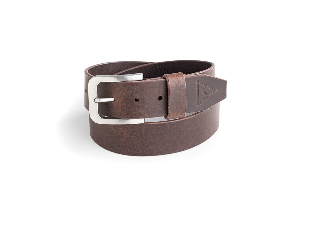 Le Beau Jean - Ceinture en cuir marron riveté à boucle arrondie et logo embossé